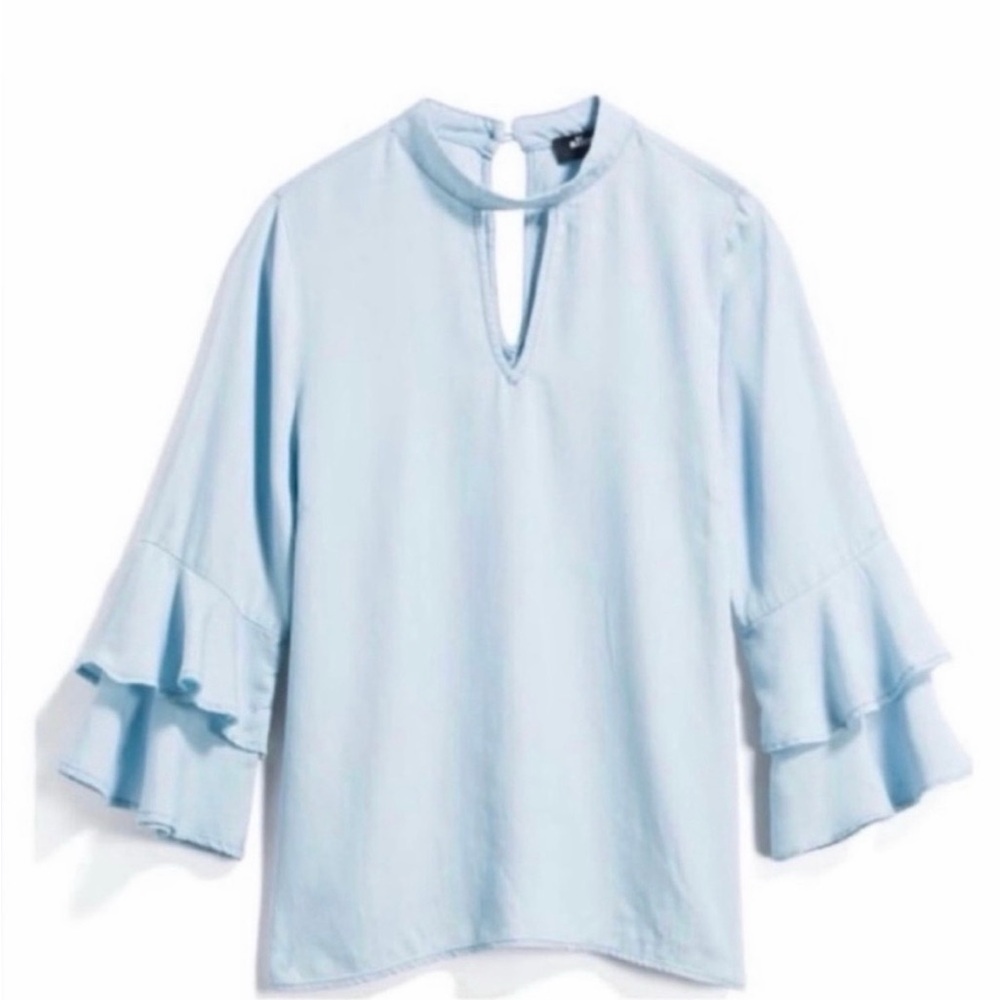 Alice Blue Ruffle Sleeve Chambray Top Size Small | Casual Boho Denim Look